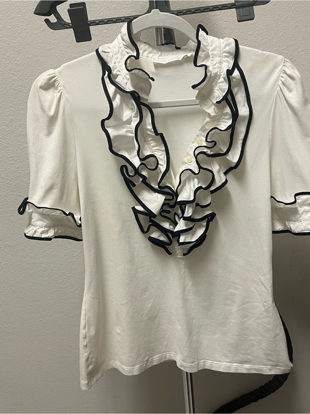 Anne Fontaine White Blouse with Black Trim Ruffled Front